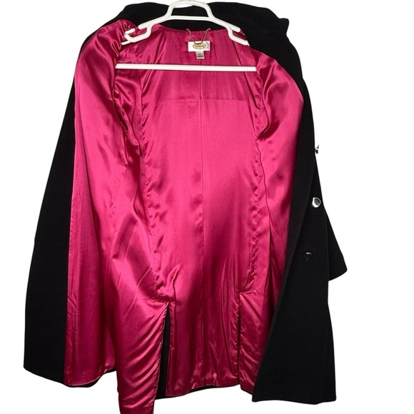 Talbots Black Wool Coat Size 14 Textured Double Breasted Long Pink Satin Lining - Picture 4 of 16